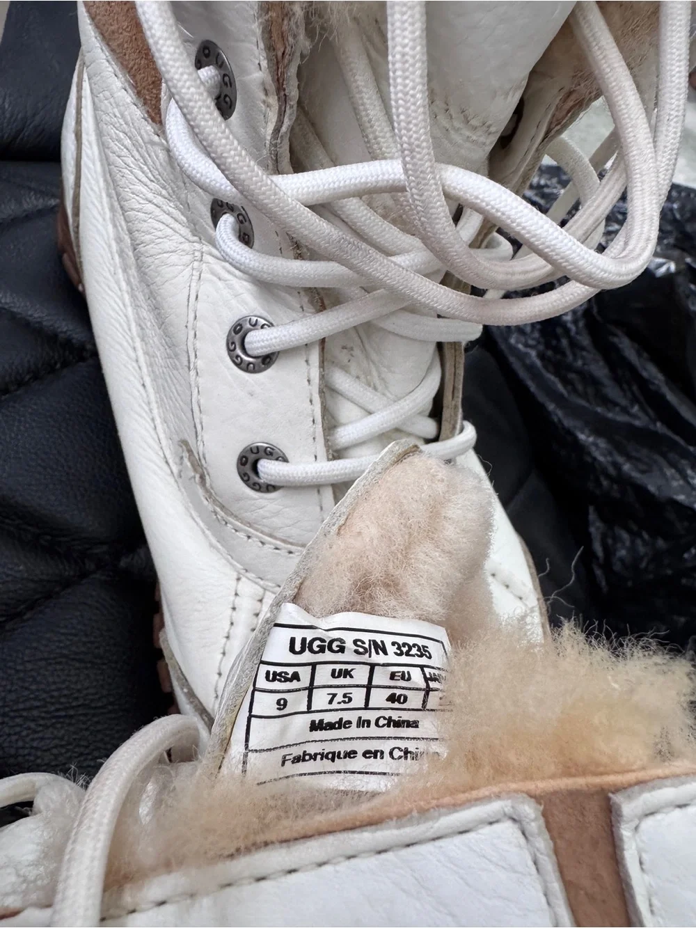 UGG Women's White Leather Lace-Up Winter Boots with Shearling Trim